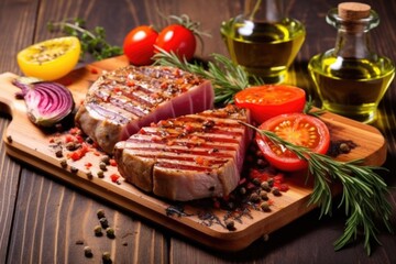 Fototapeta na wymiar grilled tuna steak on a rustic wooden board with garnish