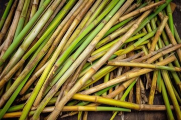 flat lay of sugarcane stalks before getting processed