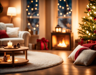 クリスマスデコレーション 冬のリビング 無人 Christmas Decoration Winter Living Room Unattended - obrazy, fototapety, plakaty