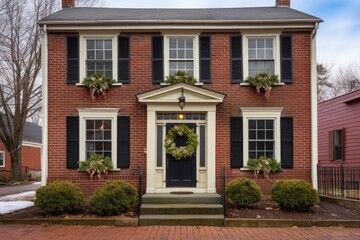 saltbox house with a brick facade and a decorative wreath on the front door