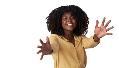 Happy, gesture and portrait of black woman with care, love or extending arms for a hug. Smile, confident and African model or person gesturing for affection and isolated on transparent png background - obrazy, fototapety, plakaty