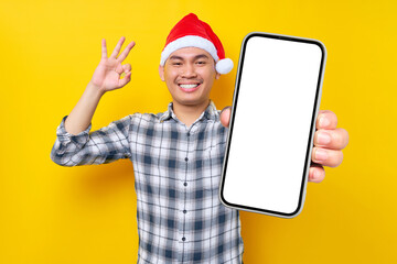 Smiling young Asian man in plaid shirt wearing Christmas hat holding mobile phone with blank...