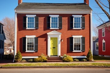 Fototapeta na wymiar saltbox house with bright, contrasting shutters, brick facade in the sun