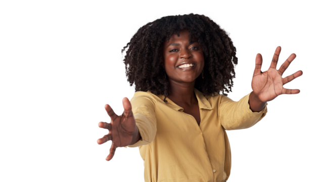Happy, gesture and portrait of black woman with care, love or extending arms for a hug. Smile, confident and African model or person gesturing for affection and isolated on transparent png background