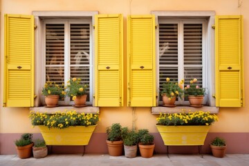 yellow window shutters decorated with flower pots