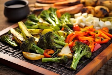 close-up shot of charred vegetables on a bamboo platter