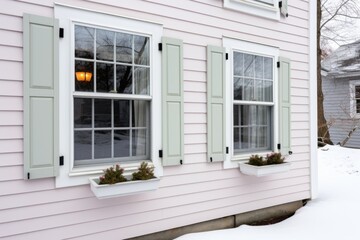 decorative window shutters on a white saltbox house