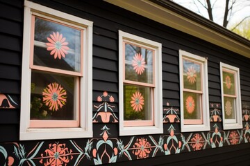 saltbox house with hand-painted designs on window shutters
