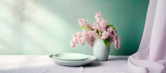 Elegant spring still life with lilacs, pastel colors, and empty plates on a white table for interior decor or spring-themed concepts