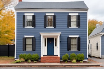 Fototapeta na wymiar saltbox house front with navy blue shutters