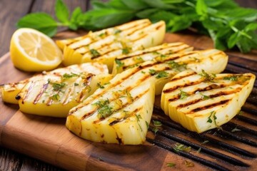 delicious grilled parsnips on a rustic wood board - obrazy, fototapety, plakaty