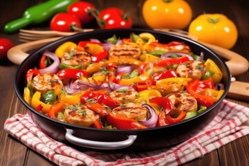 Fototapeta premium sausage links in a colorful ceramic frying pan