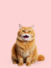 Obraz premium Funny red cat on a pink background. Copy space.