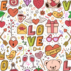 Love seamless pattern with hearts, toys, birds, teddy bear and berries randomly scattered. Vector background for Valentine's Day or fun design for cards, wrappers, bookmarks. Set of doodle elements.
