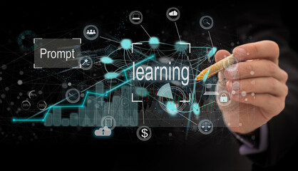 Businessman is pressing on the virtual screen and selecting E-learning