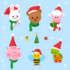 Cute little animals with Santa Claus hats holding Christmas presents. Vector illustration