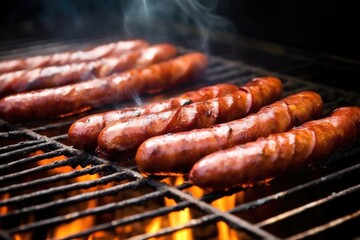 slow-cooked sausages turning crispy on a charcoal grill