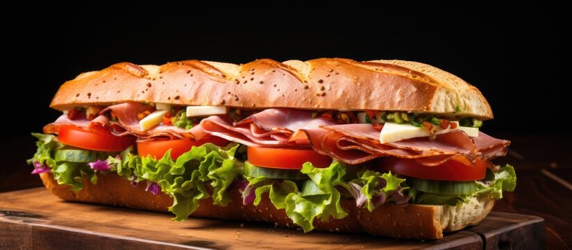 Delicious sandwich with ham and veggies on a white background