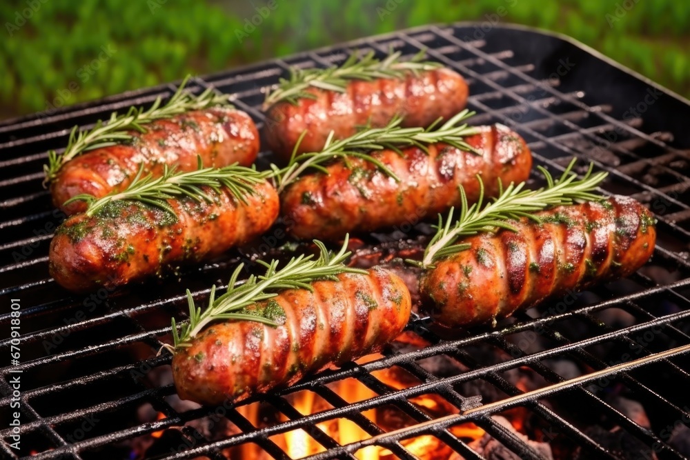 Wall mural sausages simmering with herbs on a bbq grill