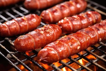 close up of grill marks on juicy sausages on a hot bbq