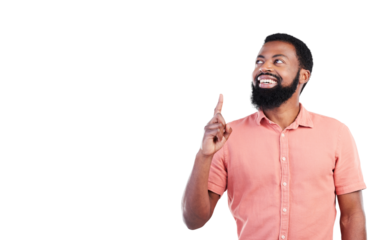 Pointing, idea and a black man with a creative vision, business career and showing a design. Happy, African designer or male with a smile and gesture isolated on a transparent png background