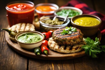 grilled veggie burger with variety of sauces on side