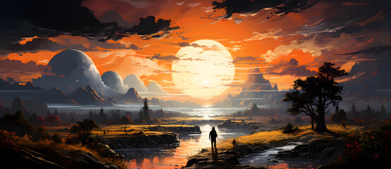 This is an illustration depicting a couple hiking in the sunset 1