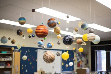 solar system model hung in the middle of classroom ceiling - obrazy, fototapety, plakaty