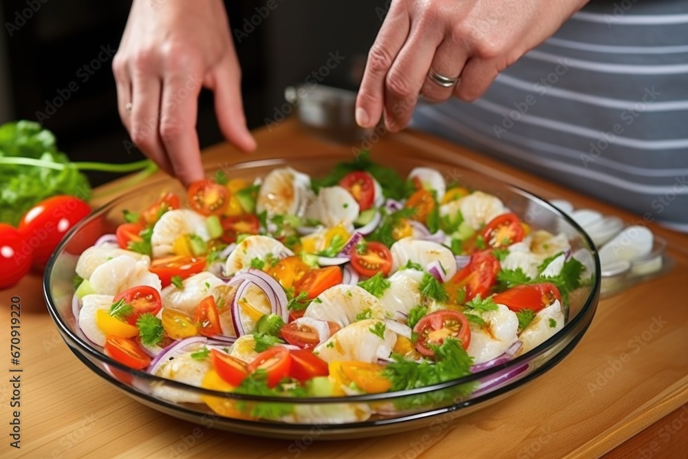 Wall mural hand arranging cooked scallops in a seafood salad