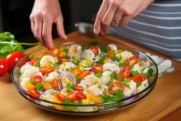 Obraz na płótnie Canvas hand arranging cooked scallops in a seafood salad