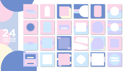 24 Bundle Social Media Pastel Templates in pink, lavender, blue, and cream. Colorful layouts with copy space for texts, designs, quotes, photos. Simple Pastel backgrounds. Vector Illustration.
