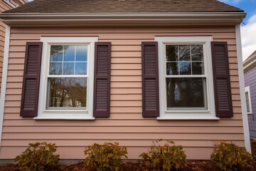 trim detail on a wood-shingle house with window shutters