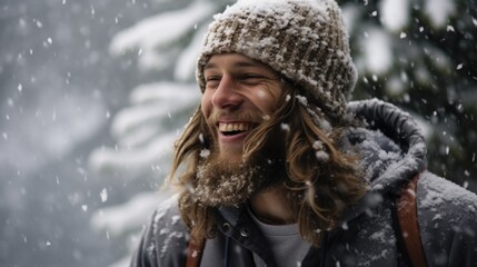 Bearded Man Revels in Wintry Forest Sunlight and Snowfall