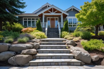 Fototapeta premium shingle style home with stone steps leading to entrance