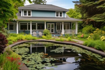 shingle style house with veranda and a pond in the backyard - obrazy, fototapety, plakaty