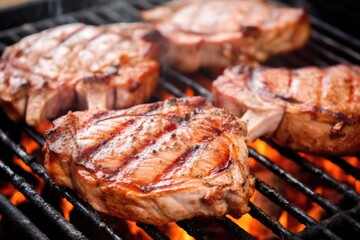 juicy pork chops smoking on a barbecue grill - obrazy, fototapety, plakaty