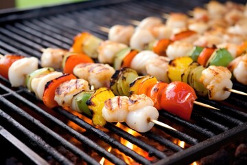 skewered shrimp and scallops on a seafood grill