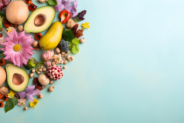 Food background with various vegetables on pastel background
