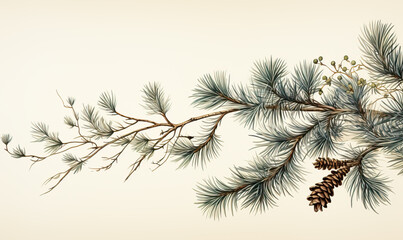Obraz premium Coniferous branch on a white background in vintage style.