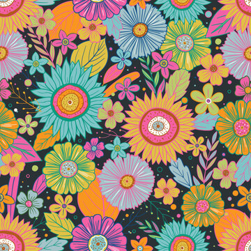 Colorful Hand Drawing Flower Seamless Pattern