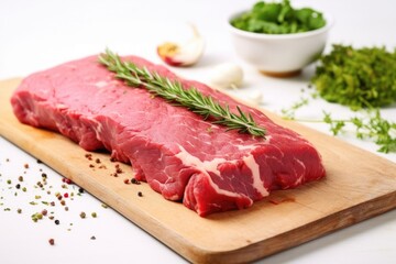 herb rub raw steak on white board