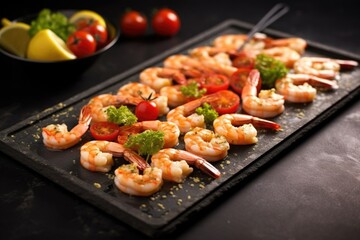 shrimp skewers on a slate tray