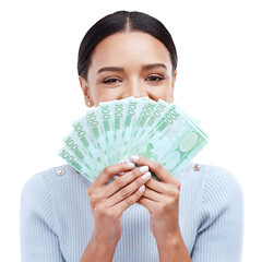 Portrait, happy and winner with woman and money on png for prize, success or investment. Wow, dollar and bonus with person and cash isolated on transparent background for savings, profit or lottery