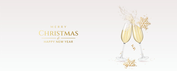 Christmas and New Year greeting card with transparent realistic two glasses of champagne with ribbons, snowflakes and confetti.	