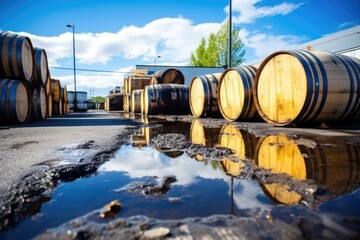 wooden whisky barrels in shipping area