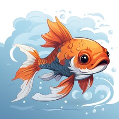 Cute Koi Fish Swimming , Cartoon, Icon Illustration