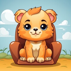 Fototapeta premium Cute Lion Sitting Chair , Cartoon, Icon Illustration