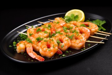 shrimp skewers garnished with green parsley on a black plate