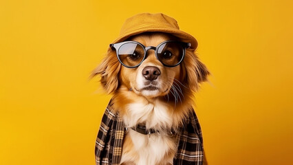 Portrait of a dressed dog with glasses and a hat on a yellow background.