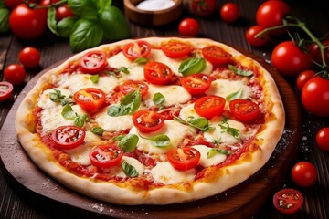 An AI illustration of a cheese pizza topped with cherry tomatoes and basil leaves with toppings